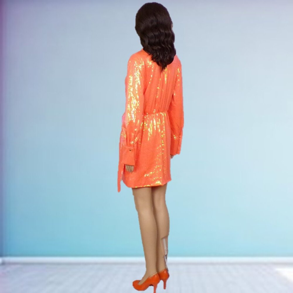 HOUSE OF HARLOW 1960 size S orange long-sleeve sequined wrap dress - Picture 6 of 13